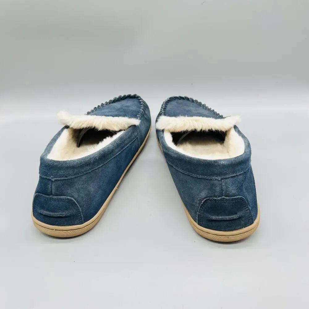 J Crew Shoes Mens 11 Blue Suede Faux Fur Lined Moccasin House Slippers Comfort